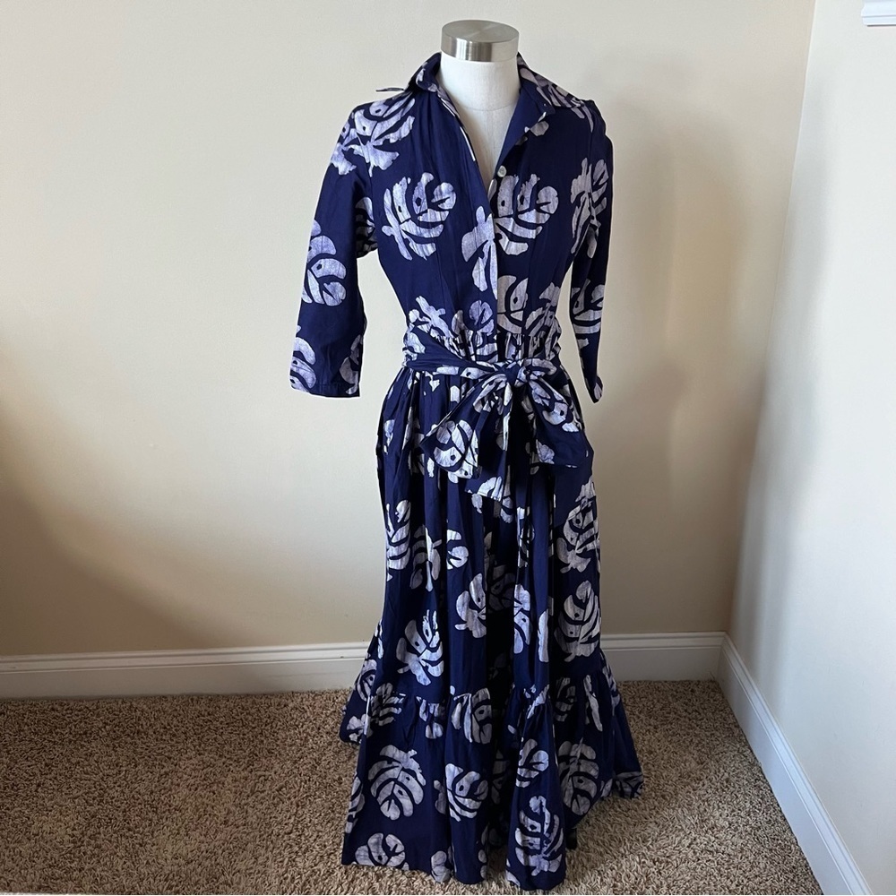 New! Sika Purple Leaf Print Cotton Maxi Shirt Dress 17509 - Picture 2 of 11